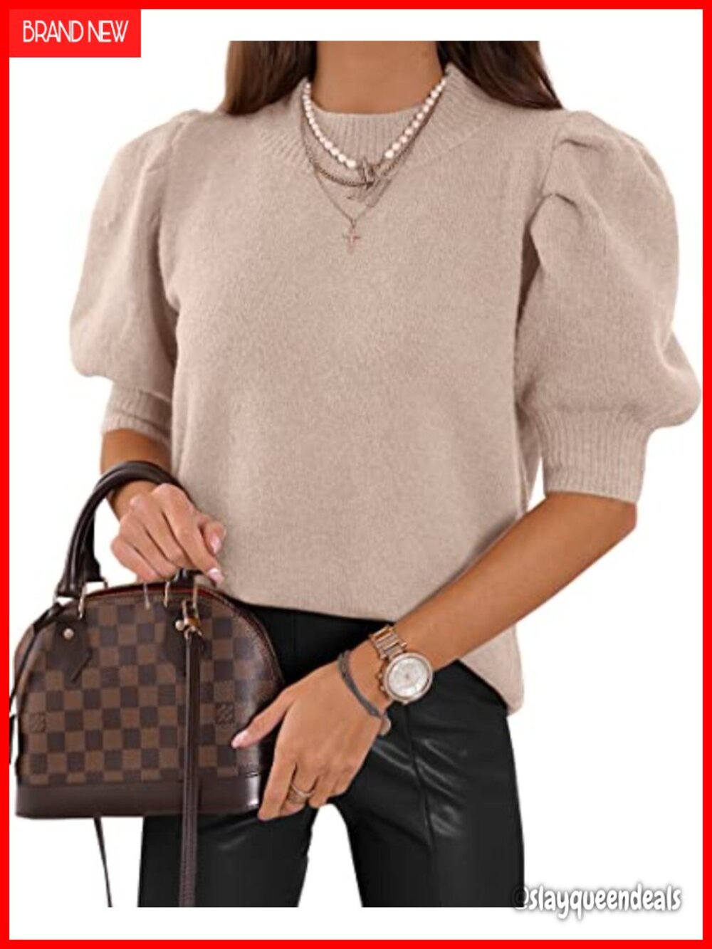 Puff Short Sleeve Knit Sweater Top Crew Neck Casual Blouse